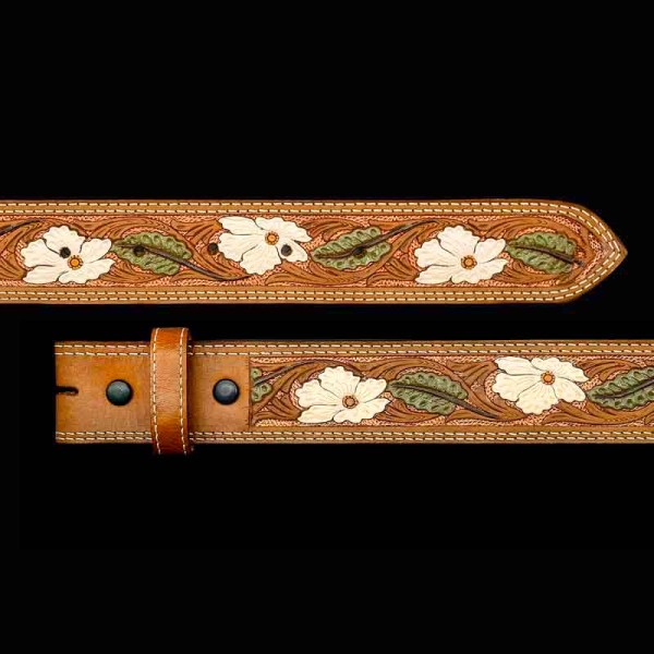 "The Elegant Southern Pine Leather Belt features our top-grain leather with a beautiful tooling pattern. The flowers & leaves are Hand-Painted by our expert craftsmen to ensure the utmost attention to detail in your belt. It is double stitched an